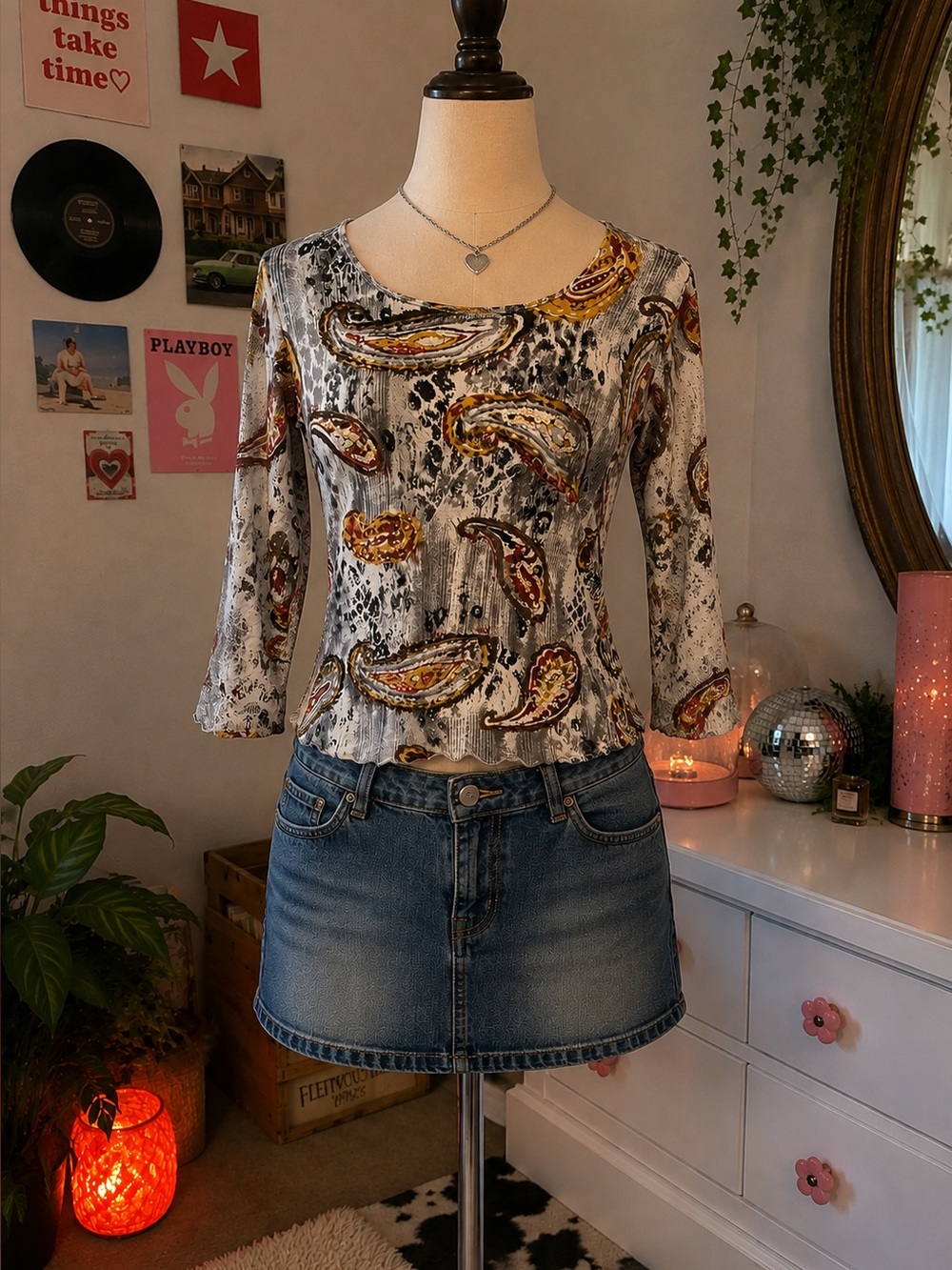 Jane Ashley Vintage Blouse Top 3/4th Sleeves Paisley Print 90s Y2K Sequins Mediu